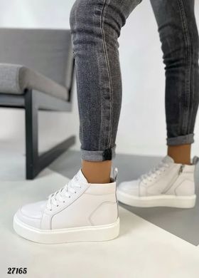 Демісезонні черевики жіночі, високі кеди з натуральної шкіри білого кольору