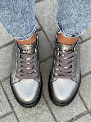 Бронзовые кроссовки из натуральной кожи. кеды графит, никель