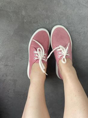 Рожеві шкіряні кеди, туфлі на шнурівці з скрізною перфорацією