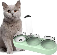 Миска потрійна пластикова годівниця для кішки, собаки з автоматичною напувалкою Зелена