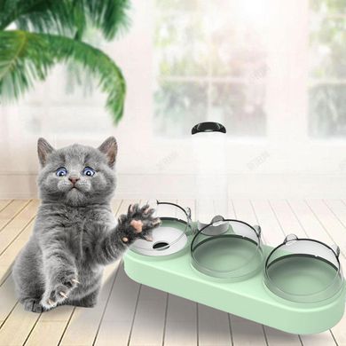 Миска потрійна пластикова годівниця для кішки, собаки з автоматичною напувалкою Зелена